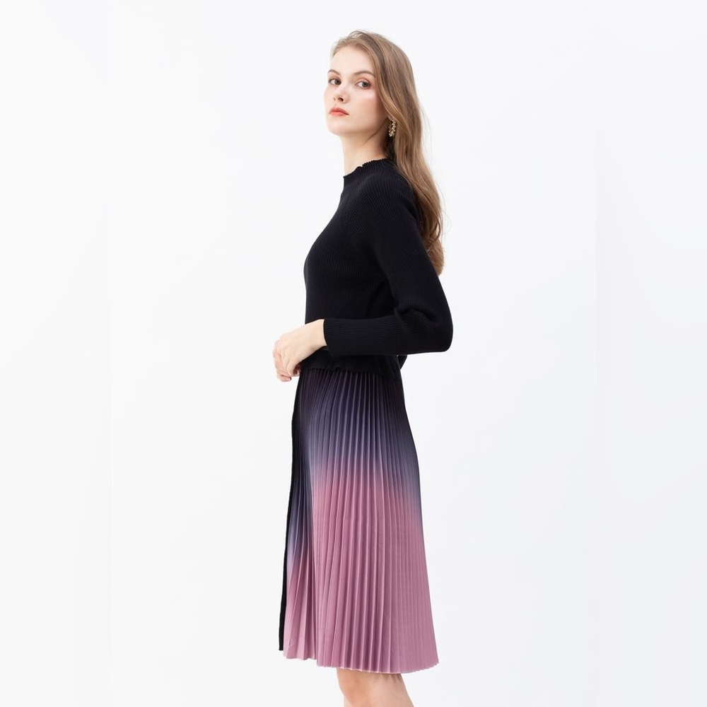 Black turtleneck with hombre skirt, dress, and small skinny belt